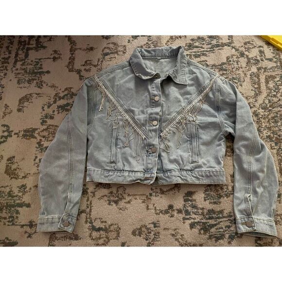 Denim Coat Jacket Women Medium Cropped Rhinestone Distressed Fringe Cowgirl - Picture 3 of 10